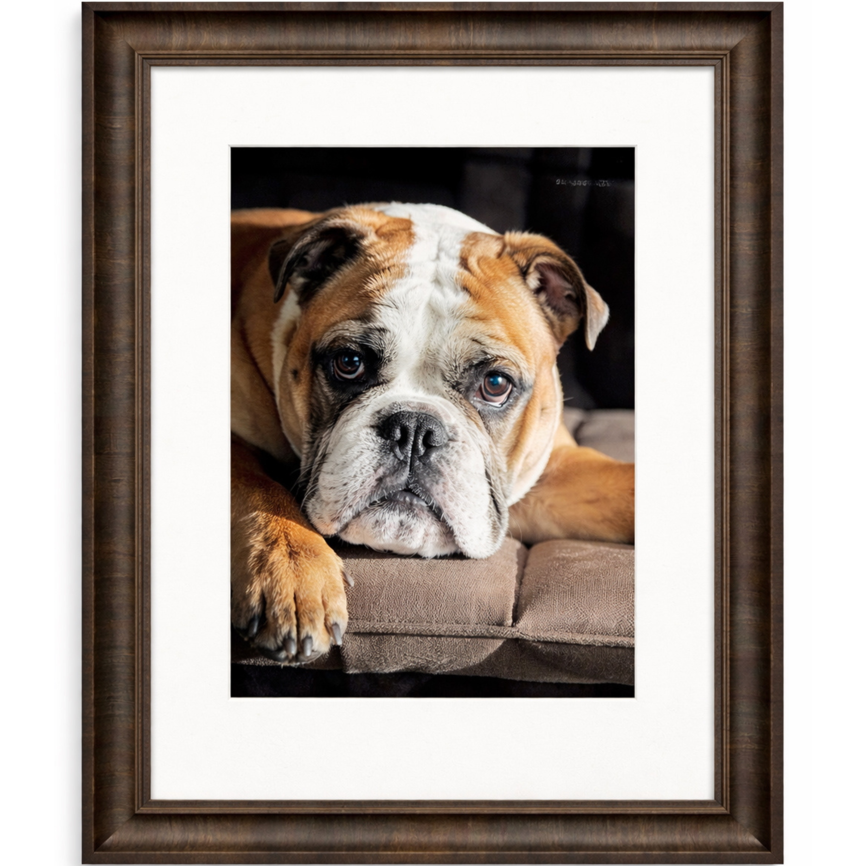 Framed bulldog portrait wall art in a dark olive wood frame with white mat.