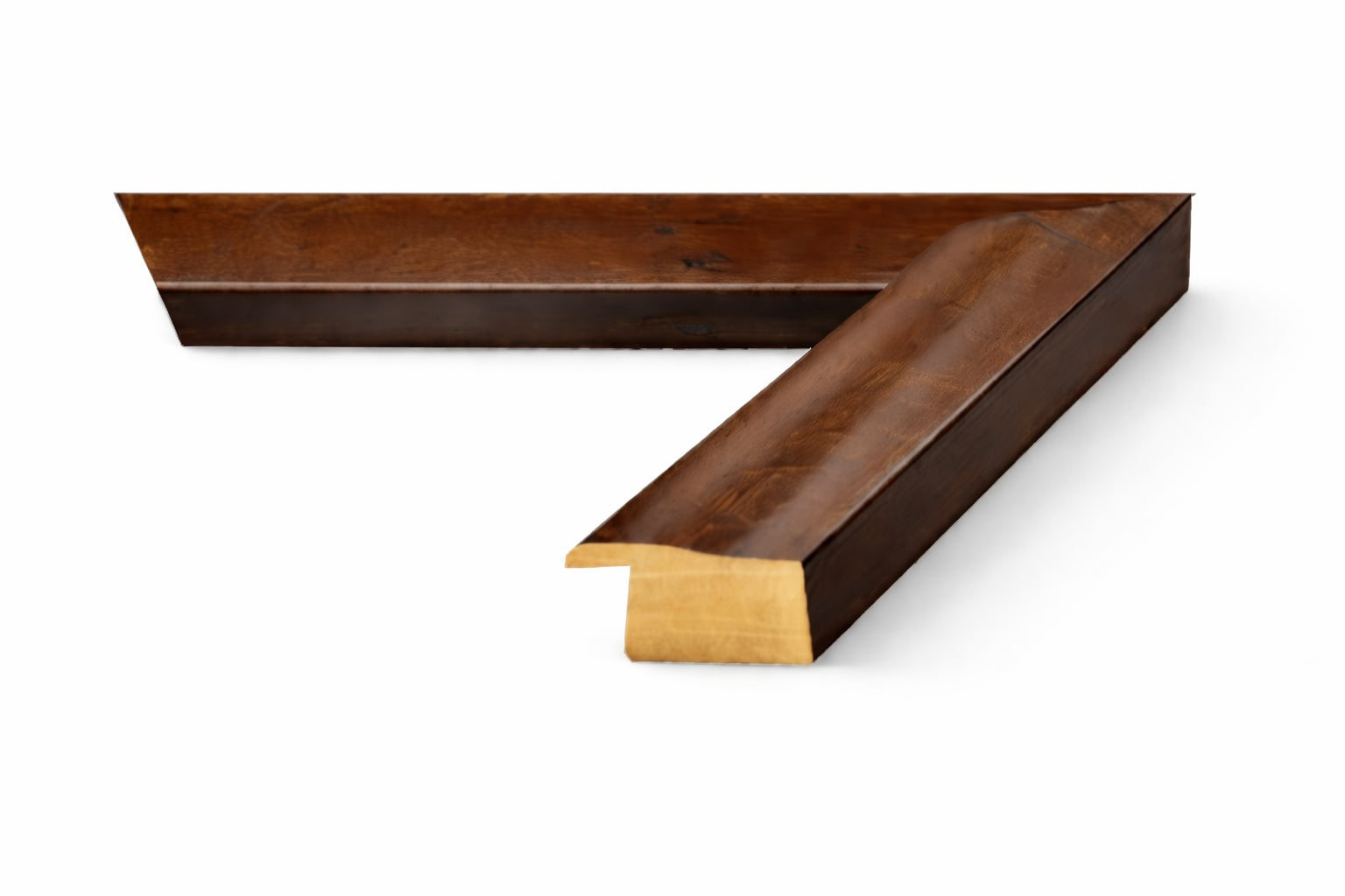 Brown wood frame moulding profile showing depth and solid construction.