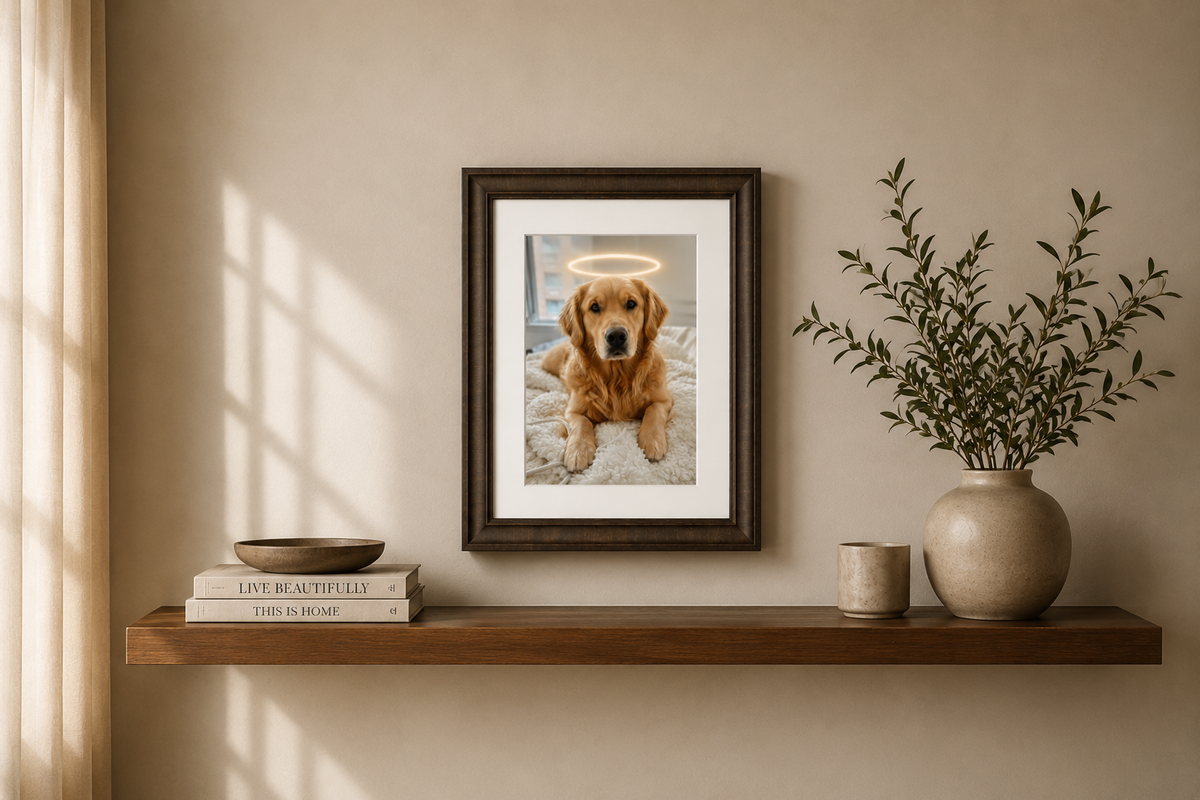Custom framed dog portrait displayed on a wall as a meaningful dog memorial gift