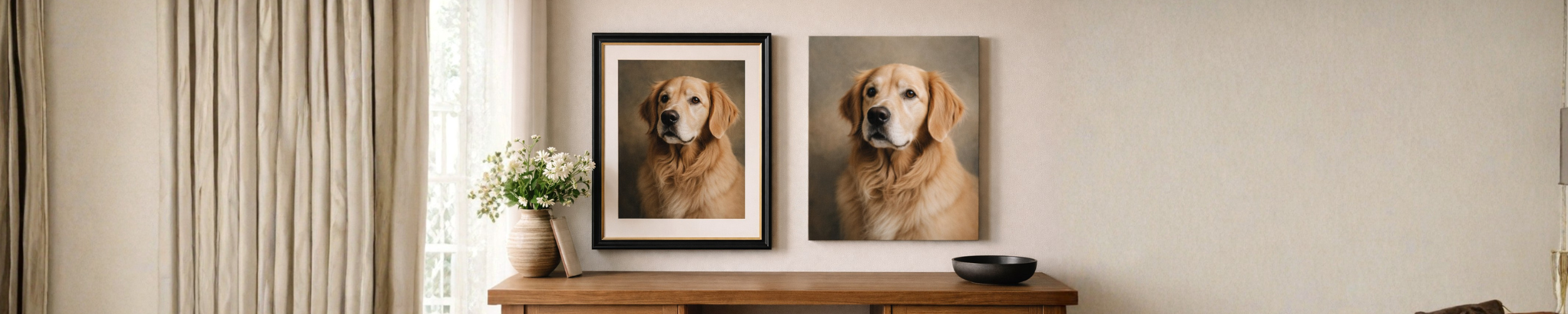 Museum-grade framed dog portrait with 4-ply mat displayed beside a canvas print